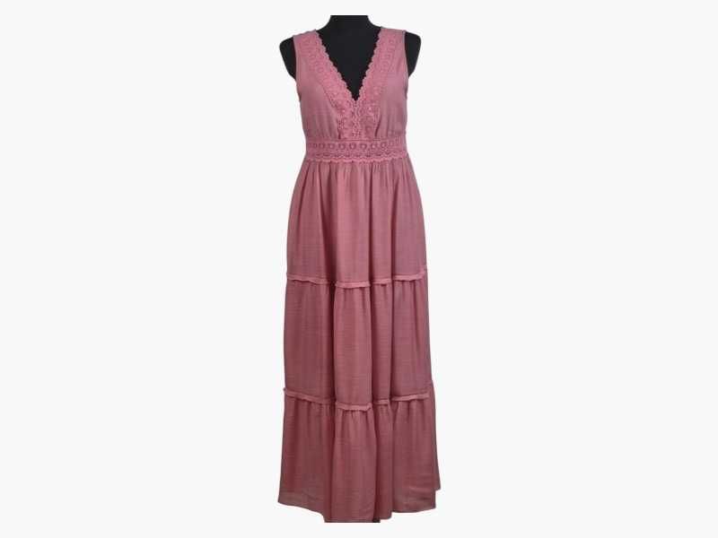Sukienka maxi Rebellion, pudrowy róż, koronka boho L/40