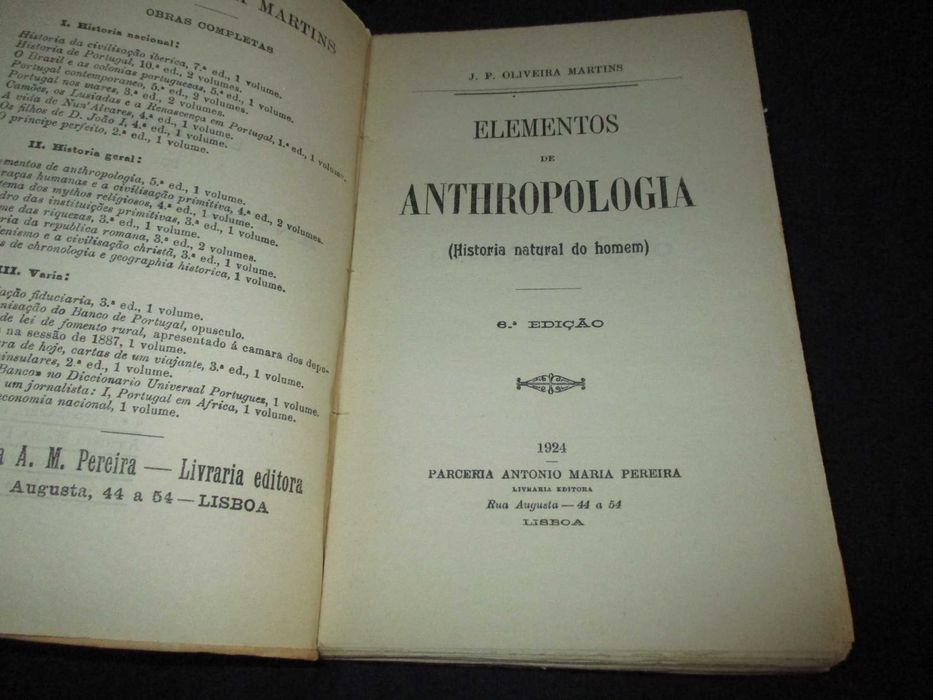 Livro Elementos de Antropologia Oliveira Martins Parceria Pereira 1924