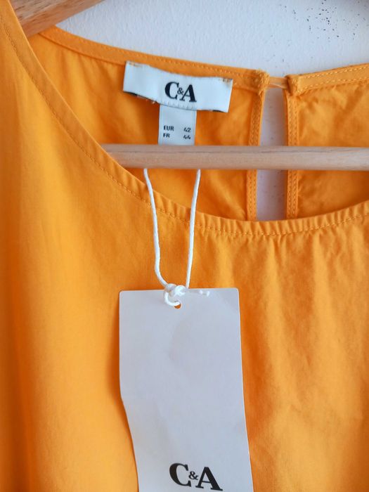 C&A długa żółta sukienka bufiaste rękawy boho falbanki M/L