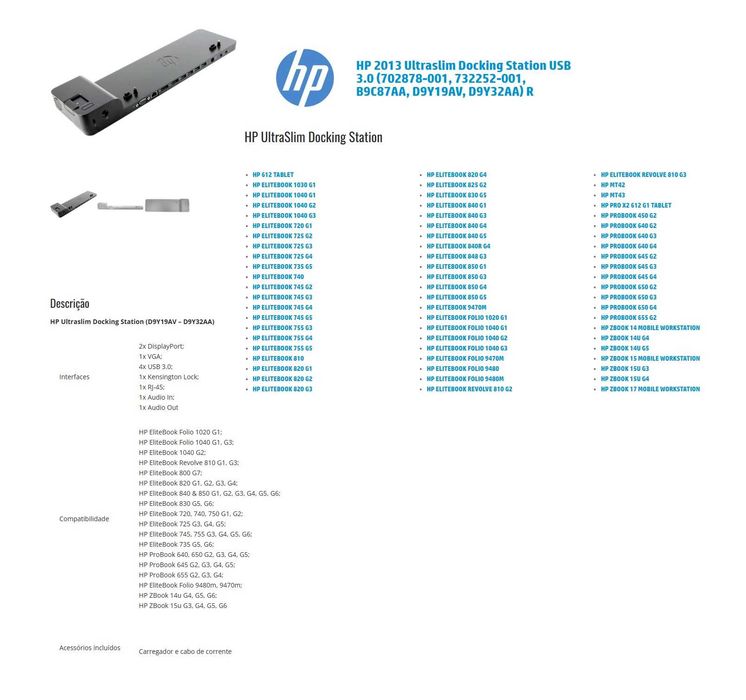 HP 2013 Ultraslim Docking Station (D9Y19AV) EliteBook ProBook - NOVO