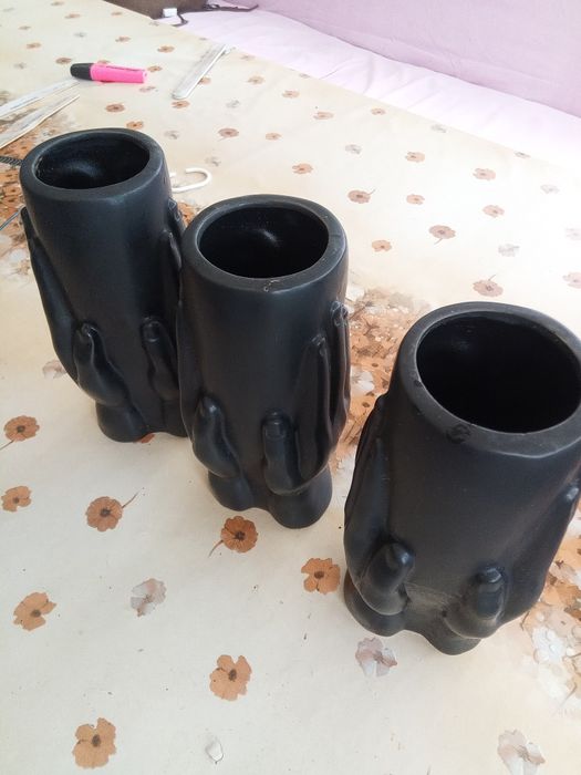 Wazony ceramiczne, twarz, czarne, komplet 3 szt