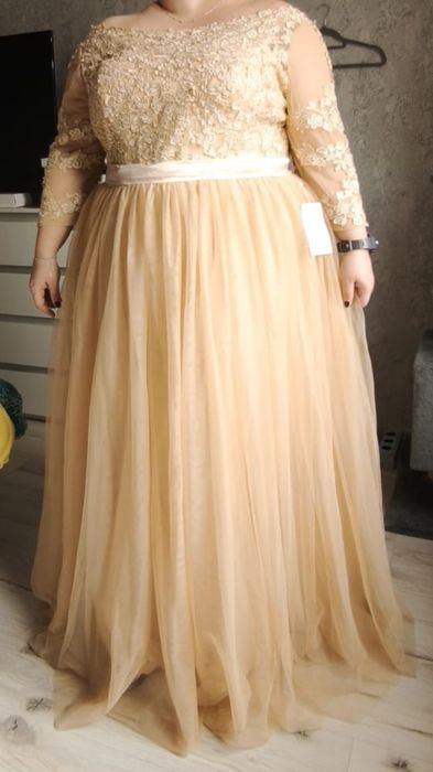 Suknia ślubna plus size nowa szampan 52  54 boho