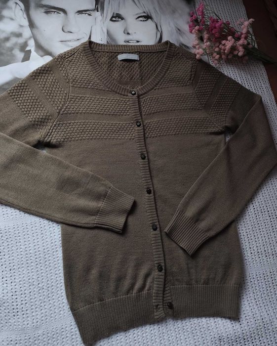50% Merino milutki sweter rozpinany brązowy kardigan wełniany wełna S