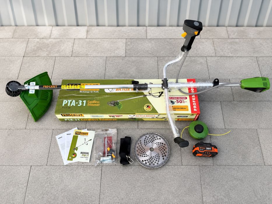 Акумуляторна коса Procraft PTA31 + АКБ 4А/г STROMO/ Безщітковий двигун/ Плавний пуск/ Велосипедна ручка/ Розбірна штанга/ Гарантія 3 роки