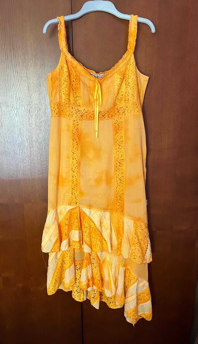 Vestido de verão amarelo com renda da NATURA, tamanho 38/40