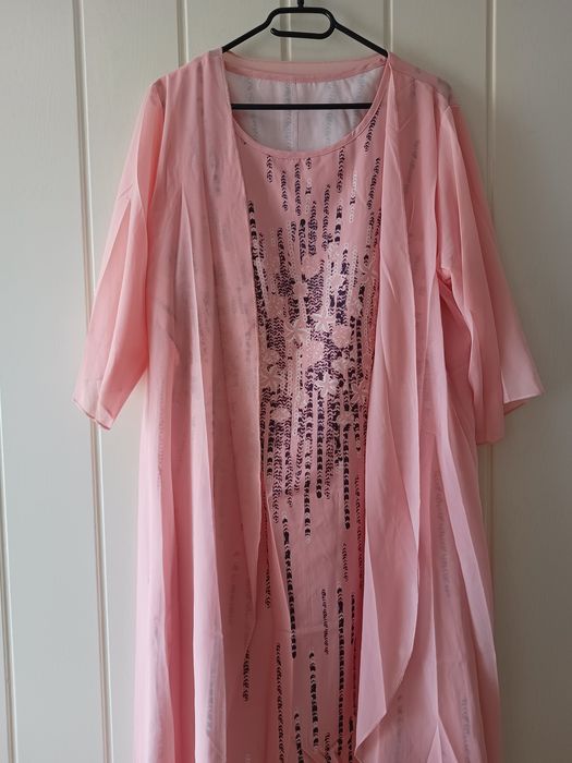 Różowa sukienka z narzutką, elegancki komplet damski, XXL