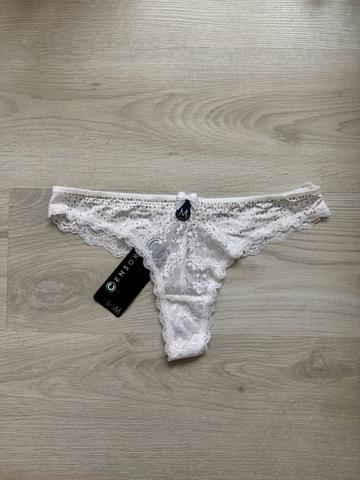 Eleganckie białe stringi z cyrkoniami, rozm. M