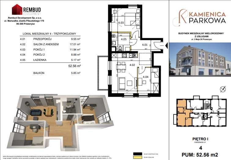 3-pokojowe mieszkanie 52,56m² - ul. 3maja, Przasnysz