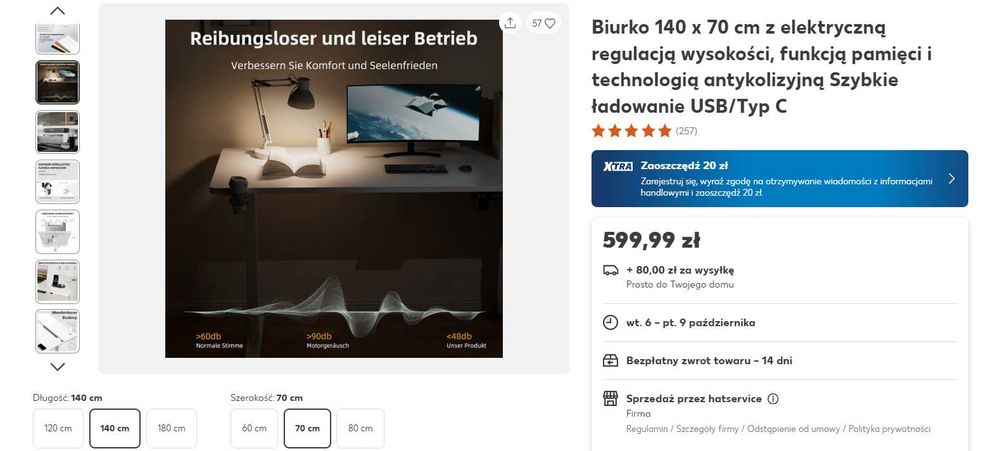 Biurko elektryczne 140x70 cm – regulacja wysokości, pamięć, USB/USB-C – białe