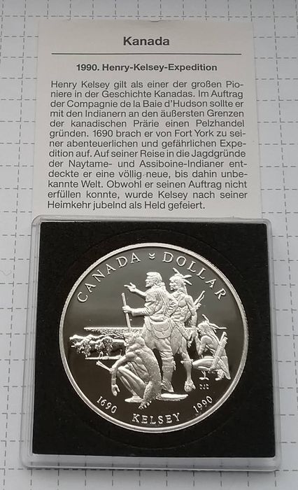 КАНАДА 1 долар 1990р. СРІБЛО. ПРУФ. 300р.- Подорожі Генрі Келсі.