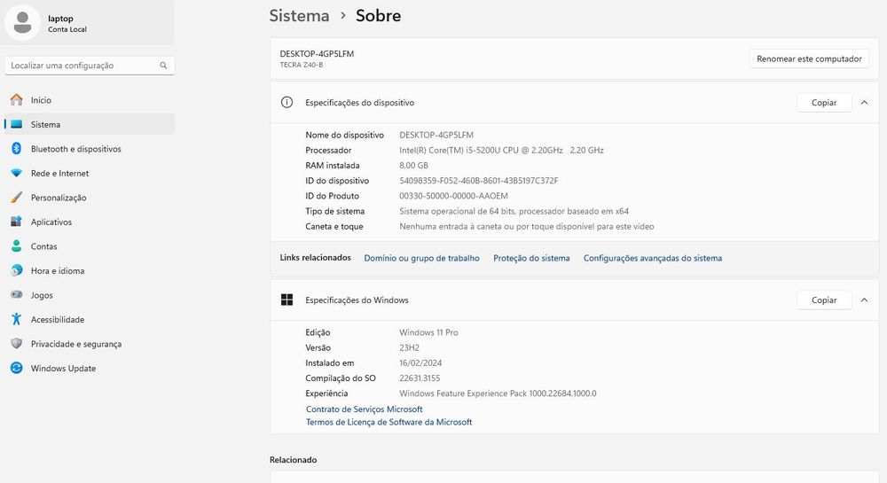 Portátil Toshiba Tecra SSD linha profissional