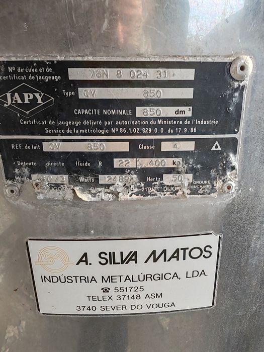 Tanque de Refrigeração de Leite Japy CV 850 - 850 Litros