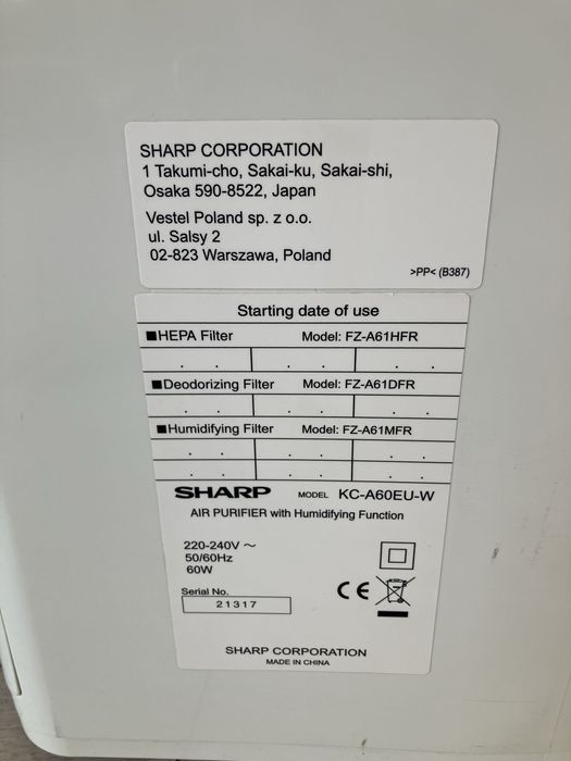 Oczyszczacz powietrza SHARP model KC-A60 plasmacluster