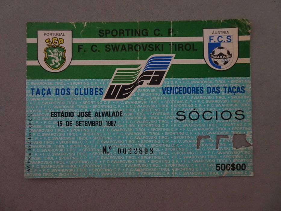Bilhete de futebol Sporting F.C. Swarovski Tirol Taça dos Clubes Vencedores das Taças 15 setembro 1987