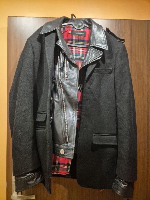 DSQUARED2 – kurtka męska wełna + skóra, krata tartan, Made in Italy, rozmiar 52