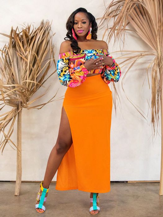 Spódnica Maxi Ołówkowa Z Wysokim Rozcięciem Pomarańczowa Shein L 40