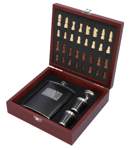 Elegancki zestaw: piersiówka 240 ml, 2 kieliszki, lejek, szachy