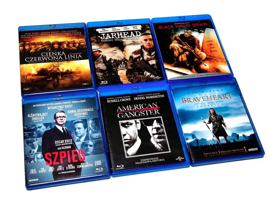 Zestaw 6x film Blu-ray / Cienka czerwona linia / Jarhead Żołnierz piechoty morskiej / Braveheart / Szpieg / American Gangster / Black Hawk Down