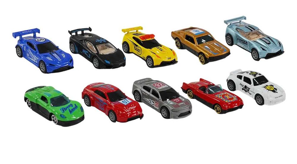 Набір машинок, 10 штук у коробці, 2 види (металопластикові, інерційні)