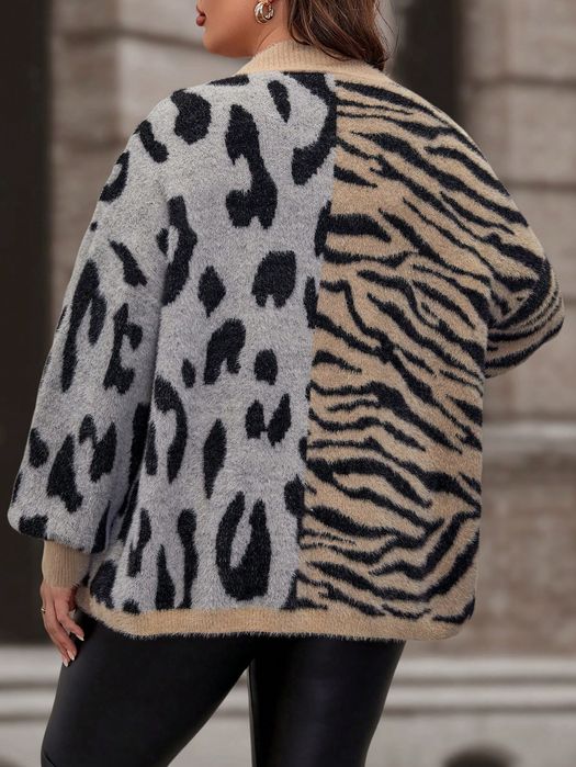 Kardigan Sweterek Oversize Włochaty Zebra Panterka Casual Shein Xxl