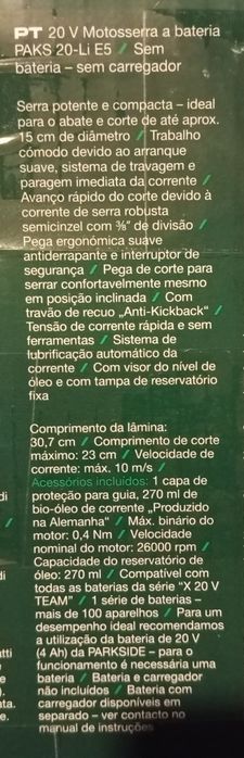 Motosserra a bateria 20V Parkside