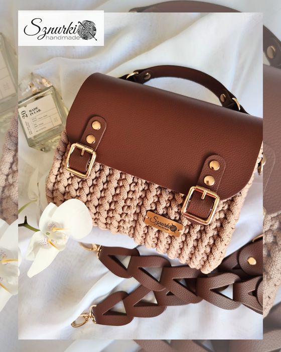 Torebka listonoszka skóra naturalna ręcznie szydełkowana handmade