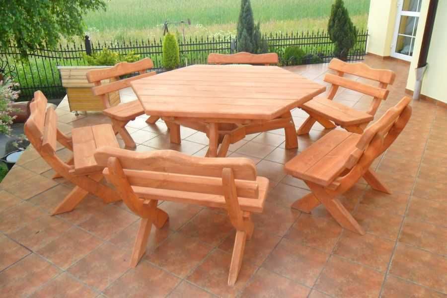 Stół sześciokątny 10 cm 6 ławek 90 cm grube deski 5 cm na 16 osób