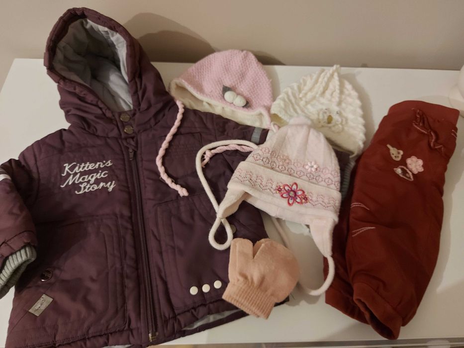 Kurtka zimowa 74, czapki, spodnie