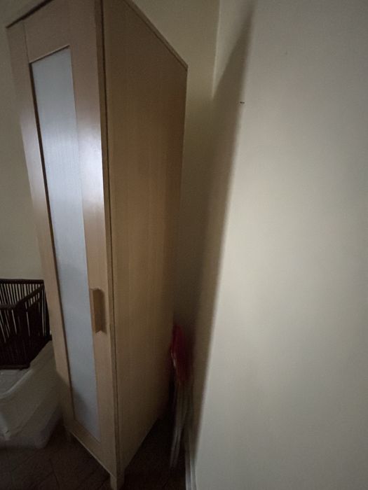 Esta é uma coluna IKEA Aneboda em cor de bétula com uma porta de painel translúcido.