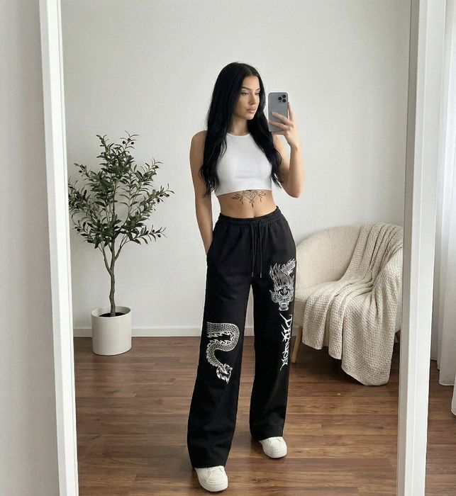 Baggy pants luźne dresy spodnie dragon print | opium goth grunge vibe