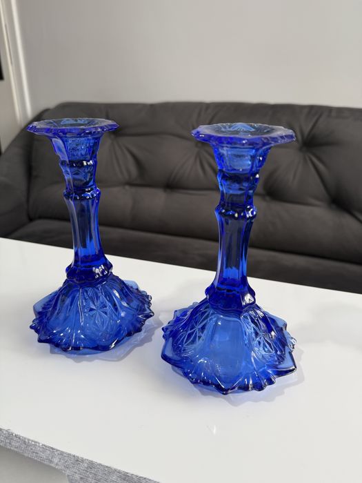 Świeczniki kryształowe kryształ  granatowe dekoracja ozdoba prl retro
