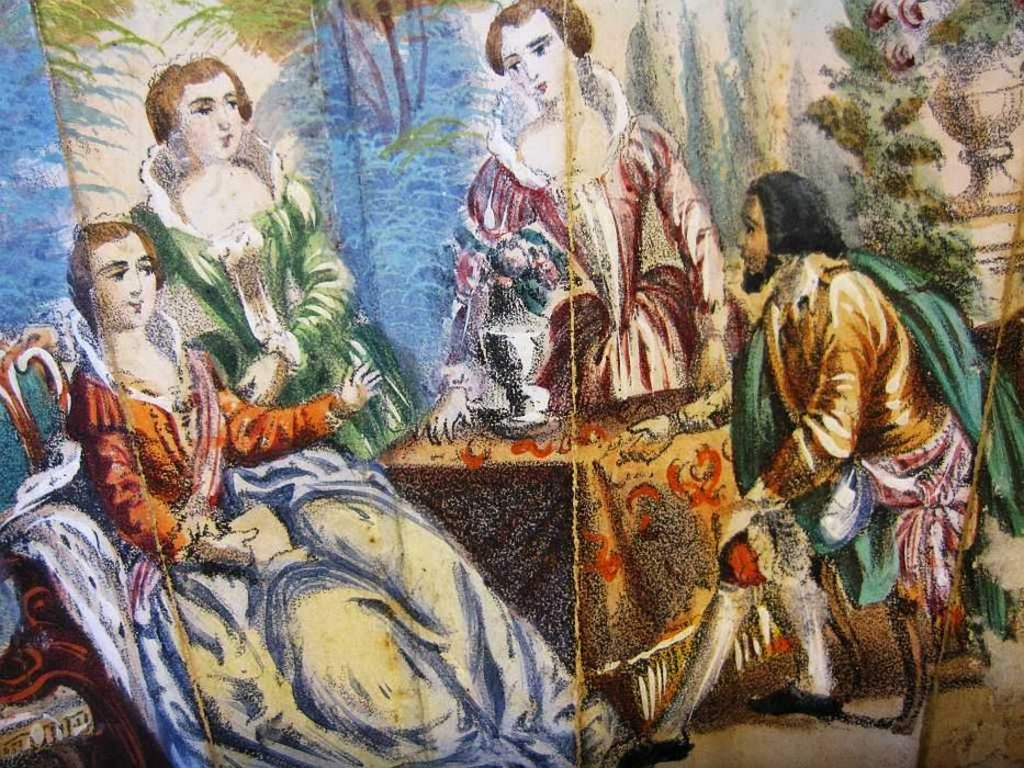 para restauro: antigo precioso leque-sec. XIX-cenas barrocas-casamento
