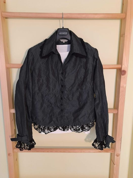 bluzka z tafty z koronką, ciemna zieleń z czarnym