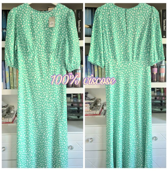 Sukienka maxi dluga vintage M 38 L 40 w groszki zielona wiskoza bufki