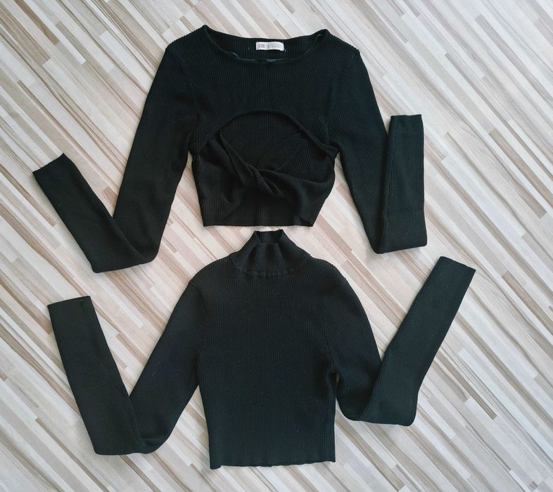2 sztuki czarny crop top, dwie bluzki, komplet,  prążkowany, bawełna, xs