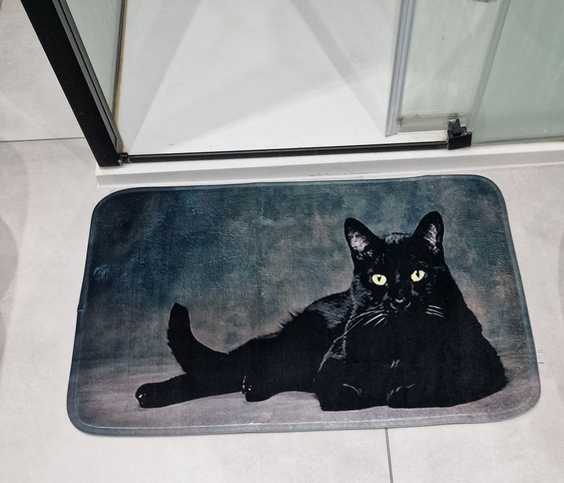 Mata miękki chodnik z czarnym kotem