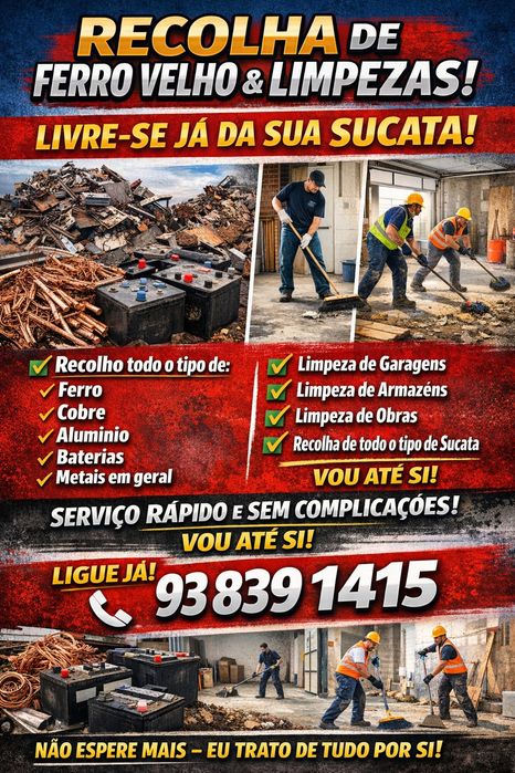 Recolho e compro todo o tipo de ferro velho faço limpezas de garagens obras terrenos mais inf mp ou ligue