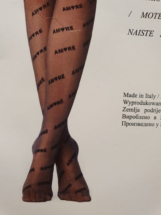 Rajstopy Calzedonia s/m czarne flokowane z napisem AMORE