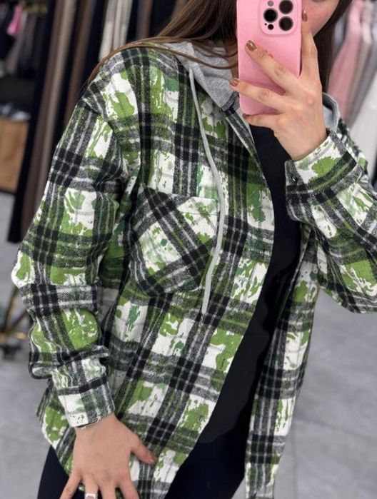 до 50р. Оверсайз Байкова Сорочка у клітинку, жіноча з капюшоном