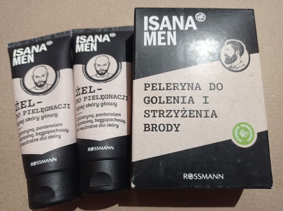 Isana MEN peleryna do golenia i 2x żel do pielęgnacji łysej skóry glow