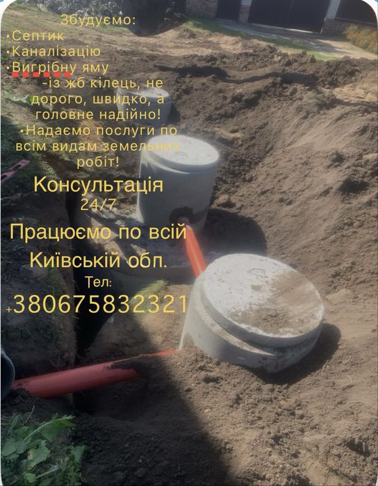 Копка Септиків, Каналізацій, Вигрібних ям, траншей, продаж жб кілець