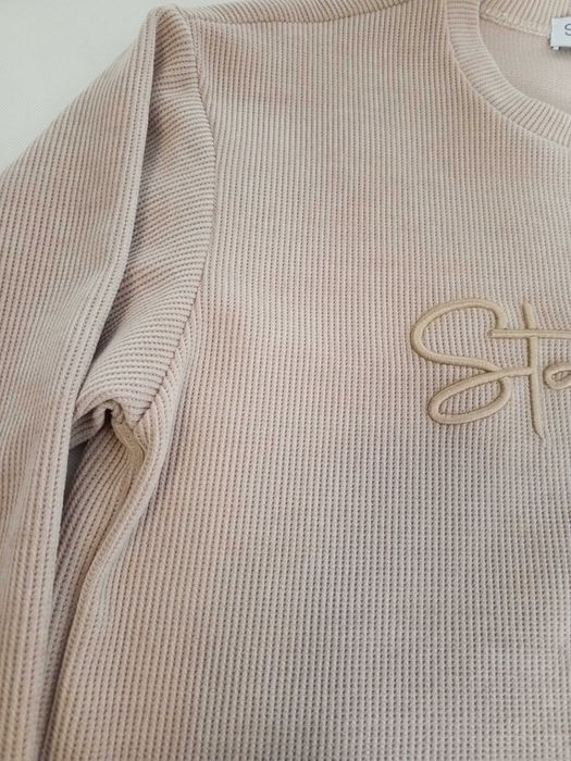 Modny dres damski, beżowy, ciekawa tkanina, roz. M