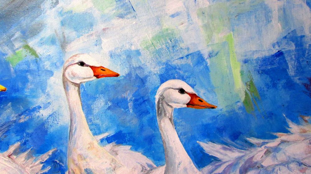 Super prezent! Gęsi w deszczu. Oryginalny obraz Akryl, płótno, 90x60cm