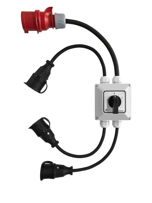 Przejściówka z wyłącznikiem 0-1 wtyczka 32A 5P 400V gniazda 3x16A 230V