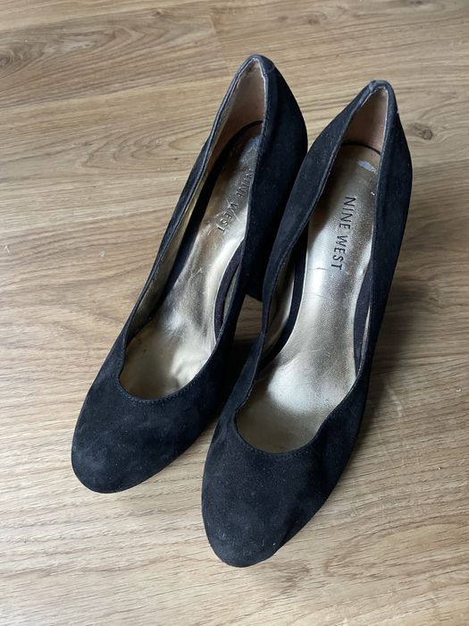 Damskie czółenka, buty obcasie, słupku, Nine West, czarne, skóra, 37