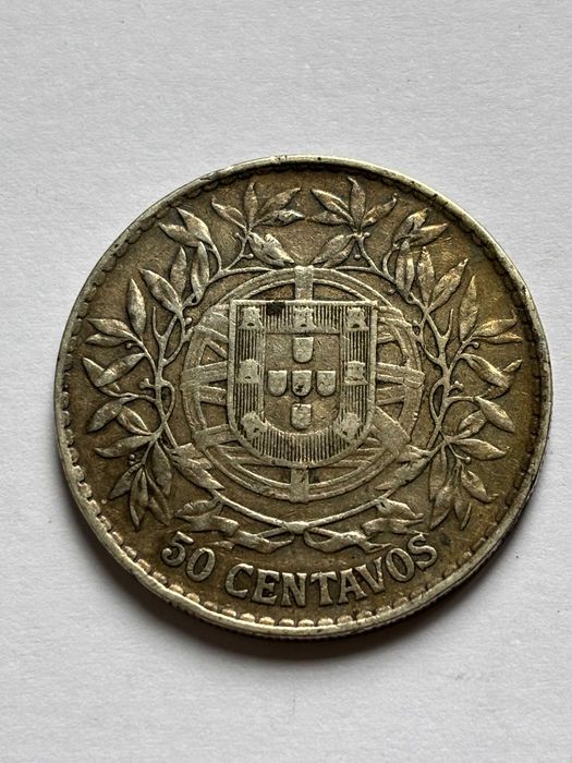Moeda 50 centavos portugueses prata 1916 Km#561