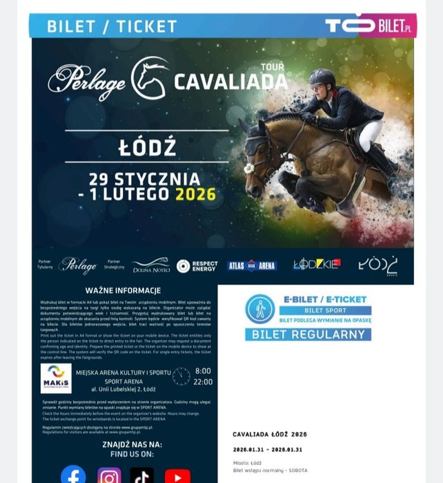 Bilety Cavalida Łódź 3 szt. 31.01.2026