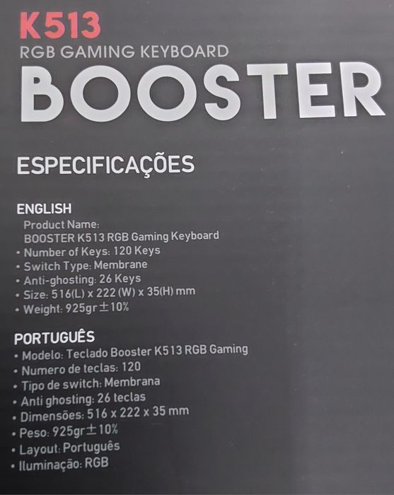 TECLADO GAMING KEYBOARD/BOOSTER K513.Altura ajustável Casa,Sala,Quarto
