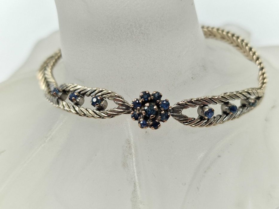 Złota bransoletka damska/ 585/ 14.94 gram/ 19cm/ 15x Szafir/ białe zło