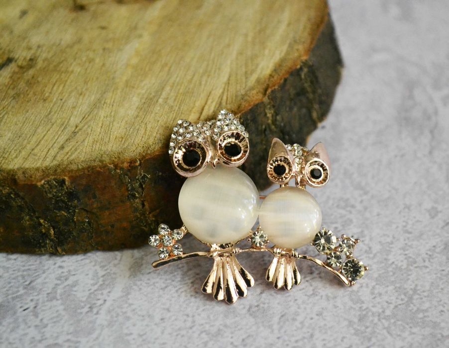 Broszka dwie sowy cyrkonie kocie oko